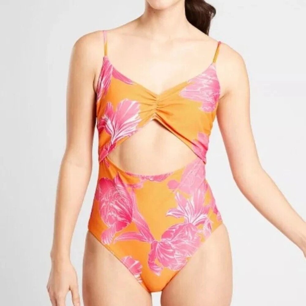 Athleta Petite Kailua Cutout One Piece Swimsuit in Orange Pink Floral